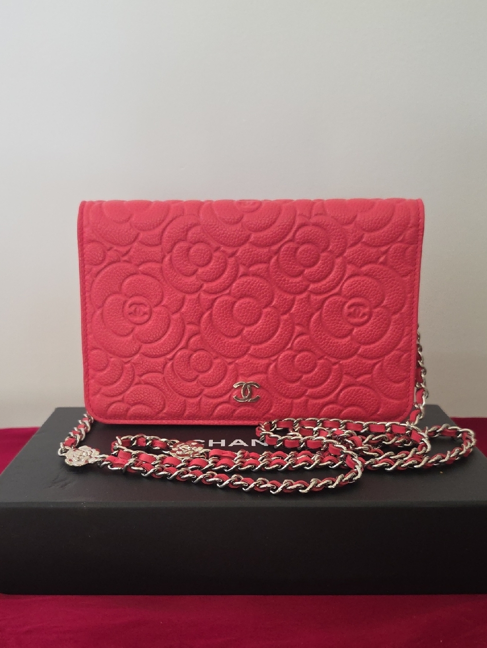 CHANEL Coral Caviar Leather, Camellia-Embossed Mini Cross Body Pocketbook!